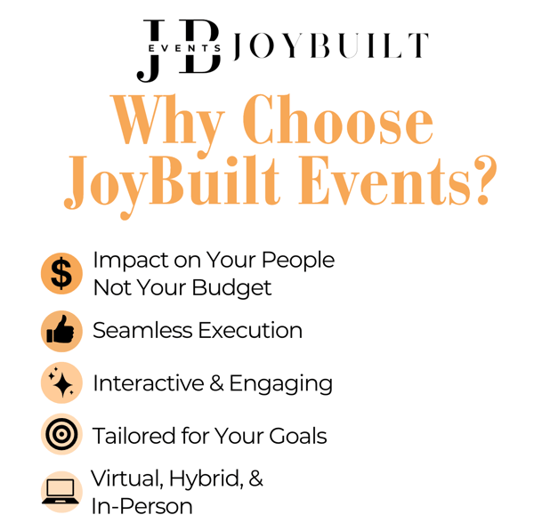 Why Choose JoyBuilt Events Planner - Impact on budget, seamless execution, interactive, goals, virtual, hybrid, in person
