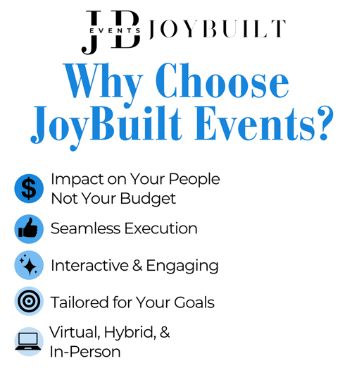 JoyBuilt Events plans meaningful corporate events, birthdays, silent disco, and weddings in Columbus. Budget-conscious, creative, and impact-driven.